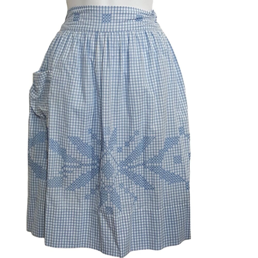 Half‎ Apron Blue White Gingham Cross Stitch Vintage 1950s Handmade Pocket